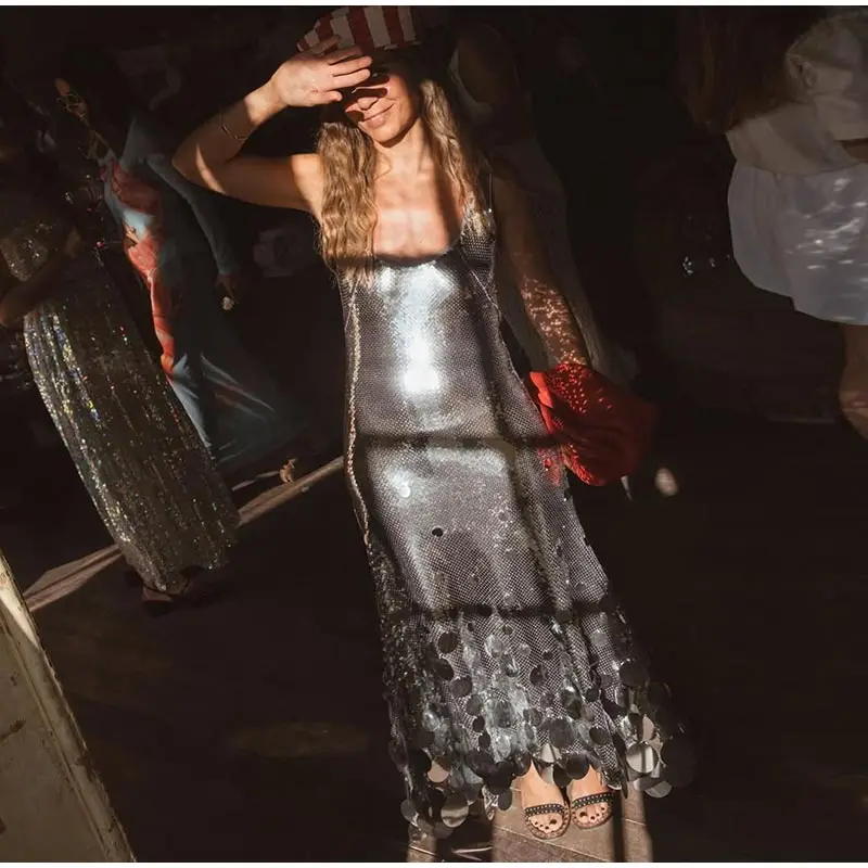 Sexy Sequined Long Dress Women Sling Sleeveless Backless Hollow Out Female Party Dresses 2026 Spring U-neck Lady Robe