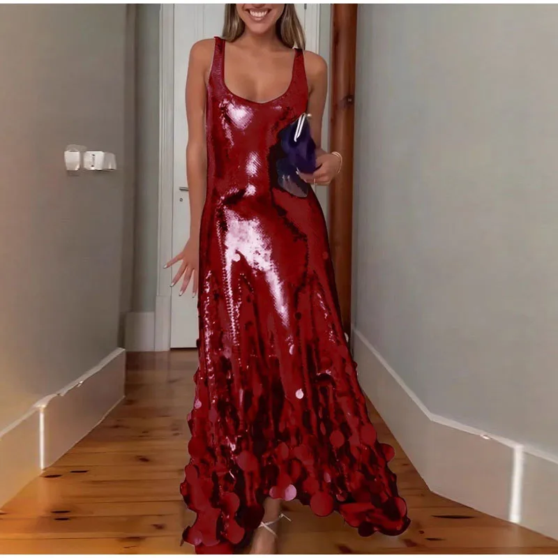 Sexy Sequined Long Dress Women Sling Sleeveless Backless Hollow Out Female Party Dresses 2026 Spring U-neck Lady Robe