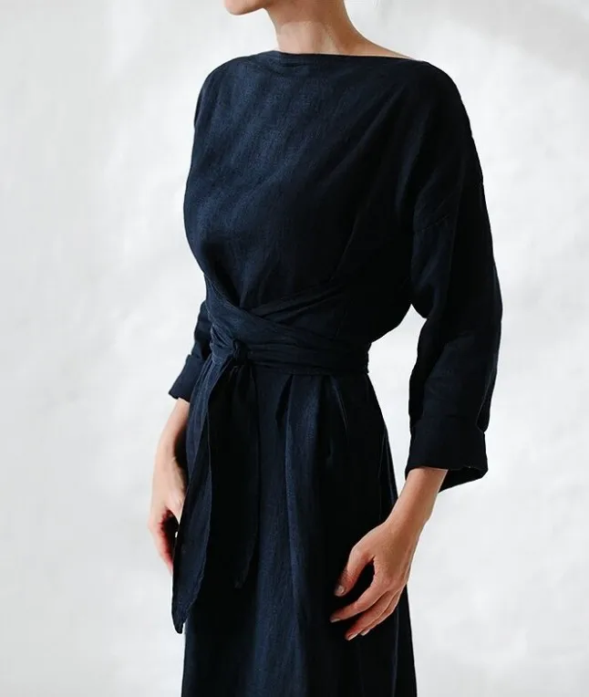 Fall Long Sleeve Loose Cotton Linen Dress Women 2024 Fashion Casual Solid New Lace-up Bow Maxi Dresses Elegant Vestidos