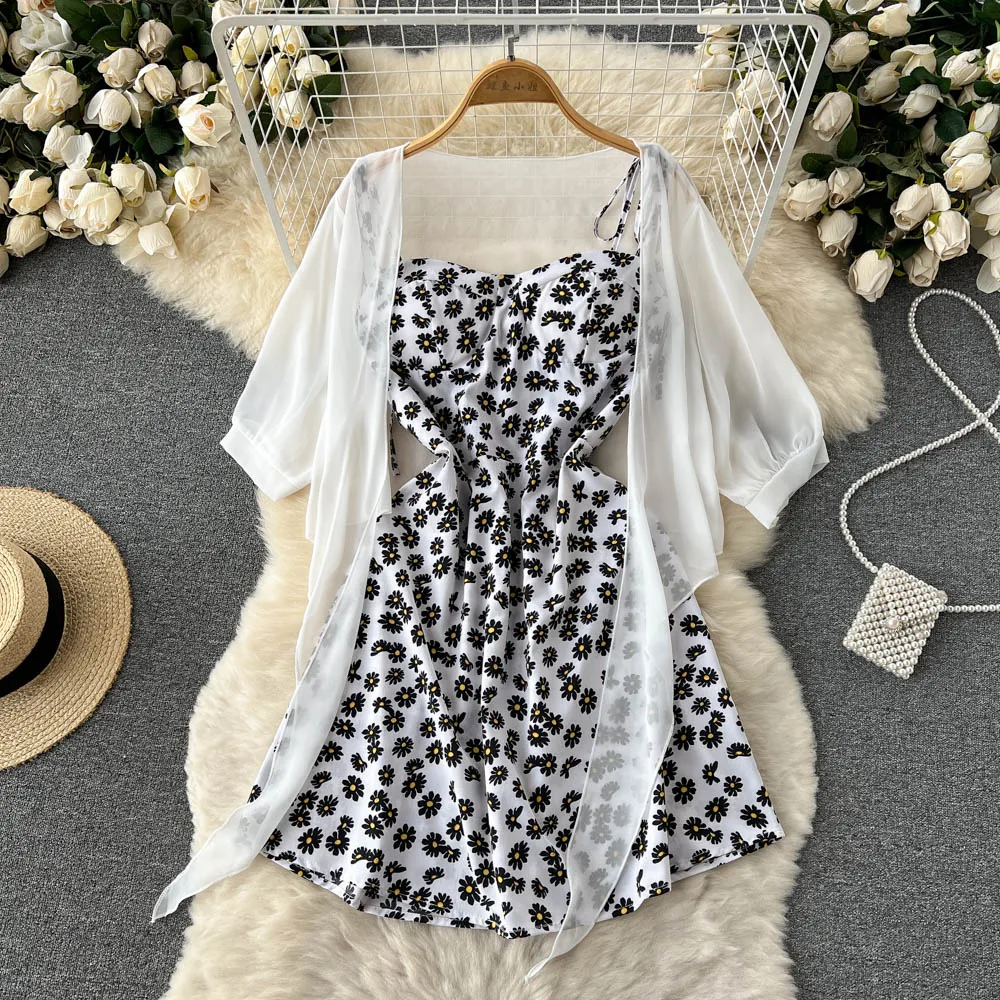 SINGREINY Floral Print Two Piece Dress Women Summer 2022 Slim Vacation Fashion Elegant Ladies A Line Beach Midi Dresses
