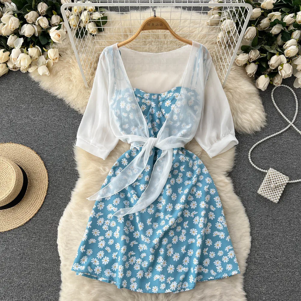 SINGREINY Floral Print Two Piece Dress Women Summer 2022 Slim Vacation Fashion Elegant Ladies A Line Beach Midi Dresses