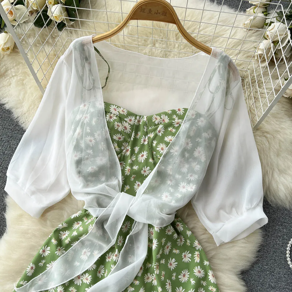SINGREINY Floral Print Two Piece Dress Women Summer 2022 Slim Vacation Fashion Elegant Ladies A Line Beach Midi Dresses