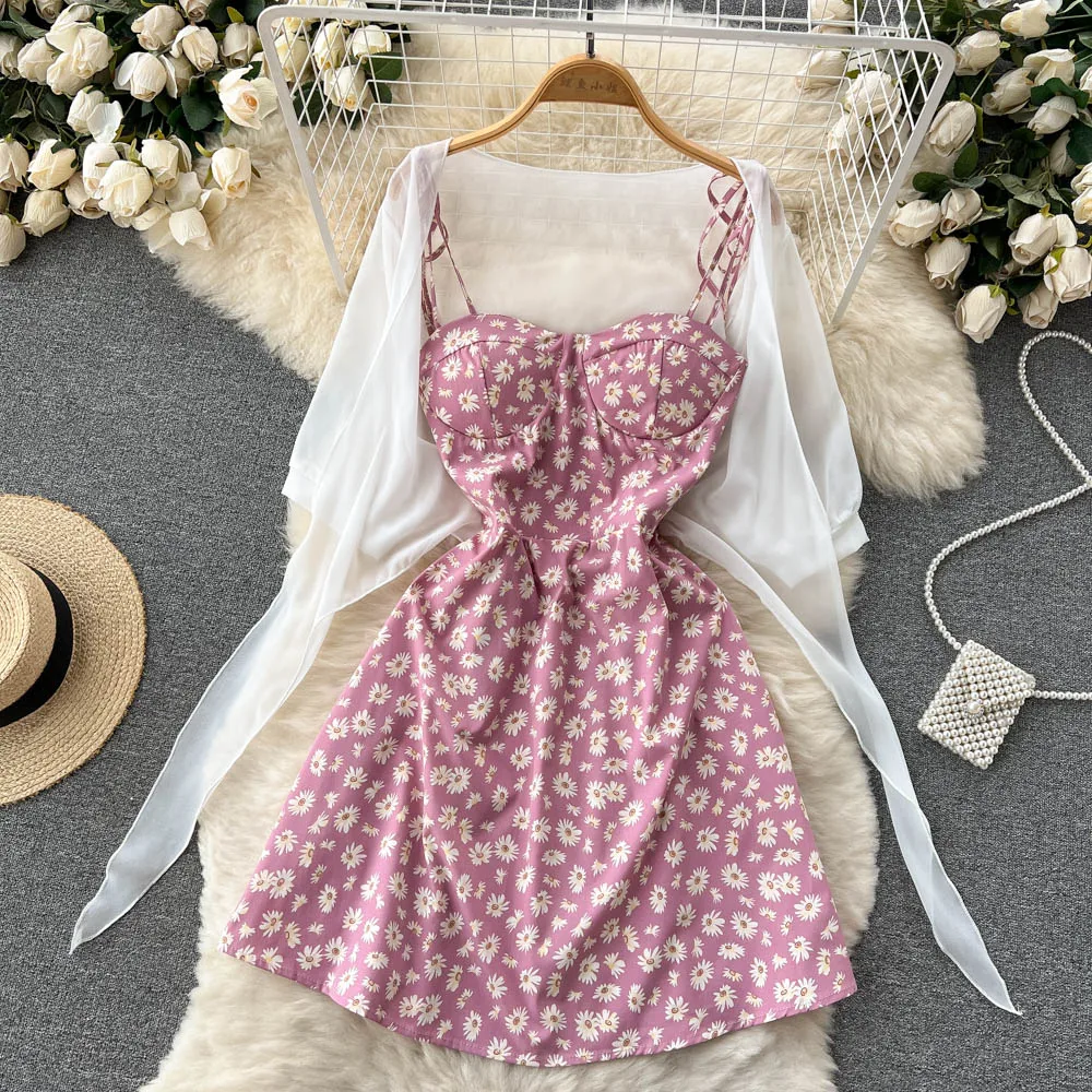 SINGREINY Floral Print Two Piece Dress Women Summer 2022 Slim Vacation Fashion Elegant Ladies A Line Beach Midi Dresses