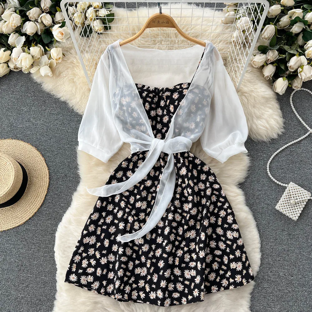 SINGREINY Floral Print Two Piece Dress Women Summer 2022 Slim Vacation Fashion Elegant Ladies A Line Beach Midi Dresses