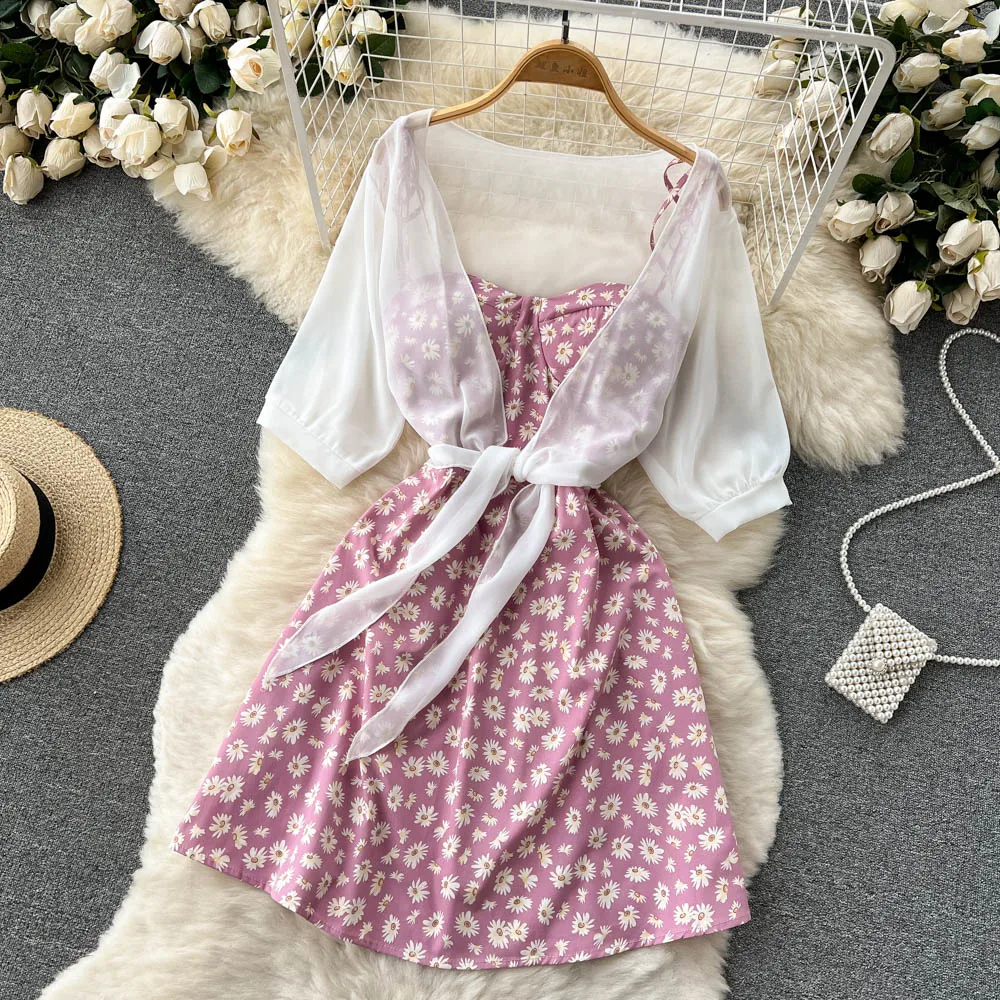 SINGREINY Floral Print Two Piece Dress Women Summer 2022 Slim Vacation Fashion Elegant Ladies A Line Beach Midi Dresses