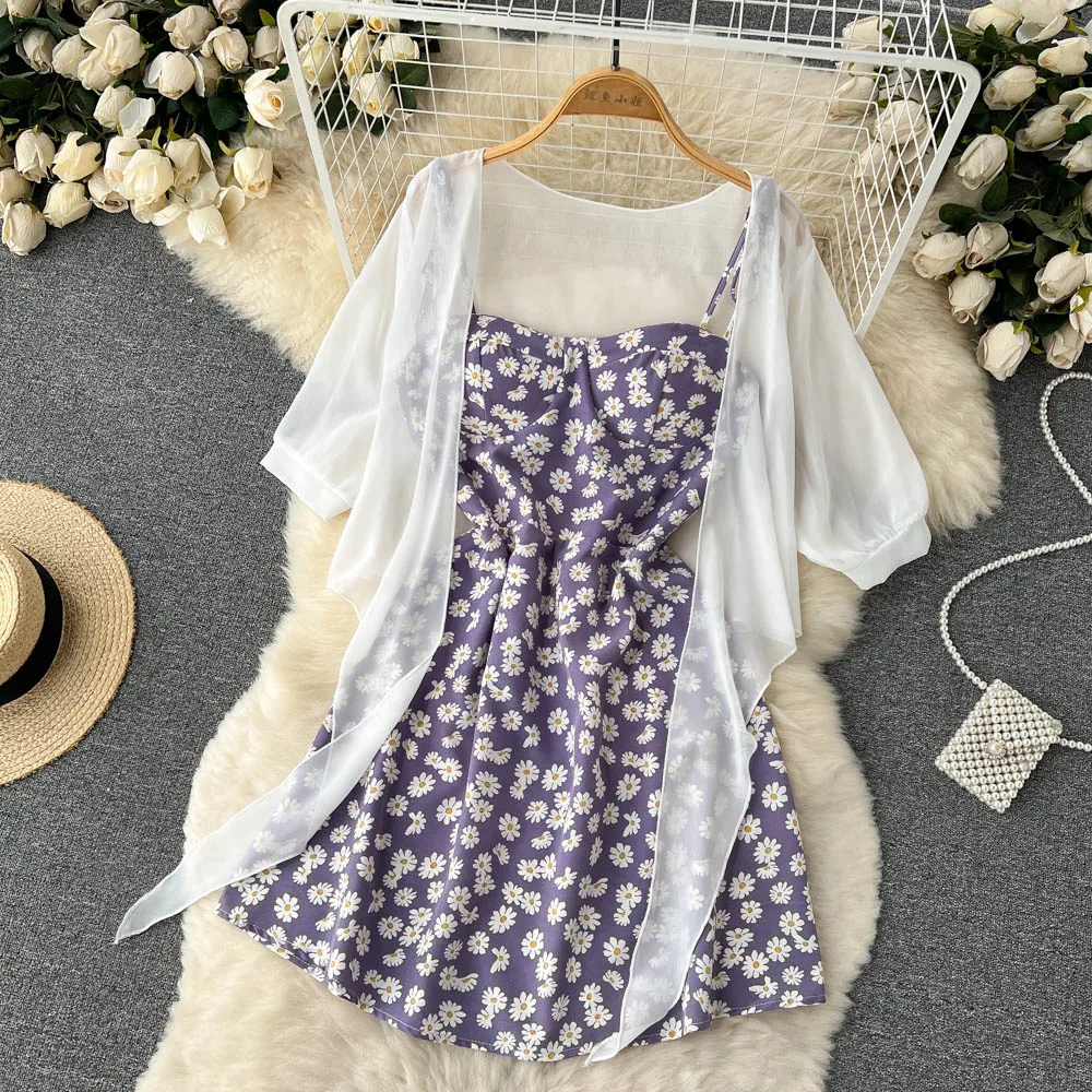 SINGREINY Floral Print Two Piece Dress Women Summer 2022 Slim Vacation Fashion Elegant Ladies A Line Beach Midi Dresses