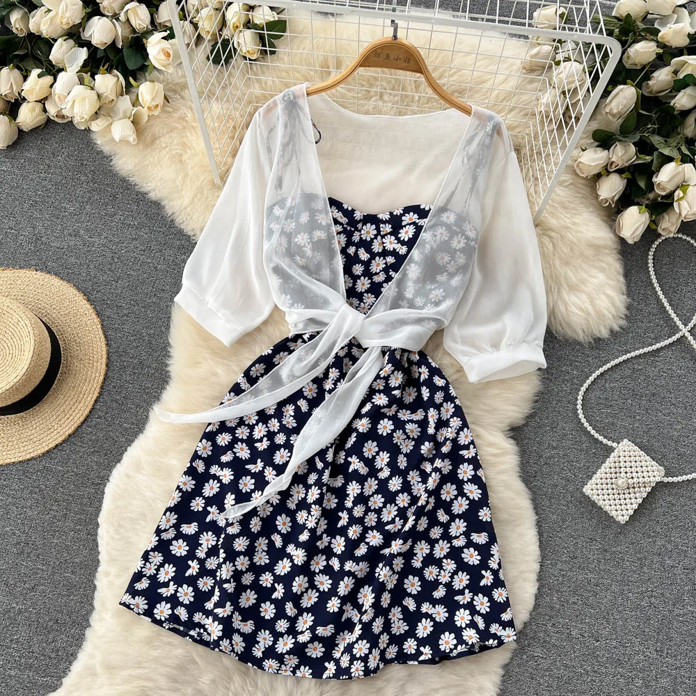 SINGREINY Floral Print Two Piece Dress Women Summer 2022 Slim Vacation Fashion Elegant Ladies A Line Beach Midi Dresses
