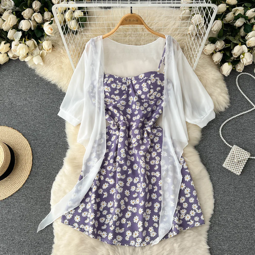 SINGREINY Floral Print Two Piece Dress Women Summer 2022 Slim Vacation Fashion Elegant Ladies A Line Beach Midi Dresses