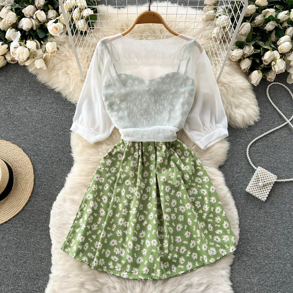 SINGREINY Floral Print Two Piece Dress Women Summer 2022 Slim Vacation Fashion Elegant Ladies A Line Beach Midi Dresses