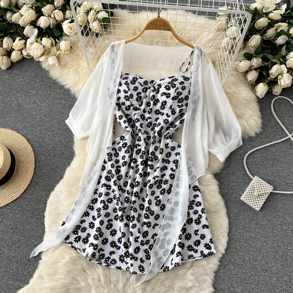 SINGREINY Floral Print Two Piece Dress Women Summer 2022 Slim Vacation Fashion Elegant Ladies A Line Beach Midi Dresses
