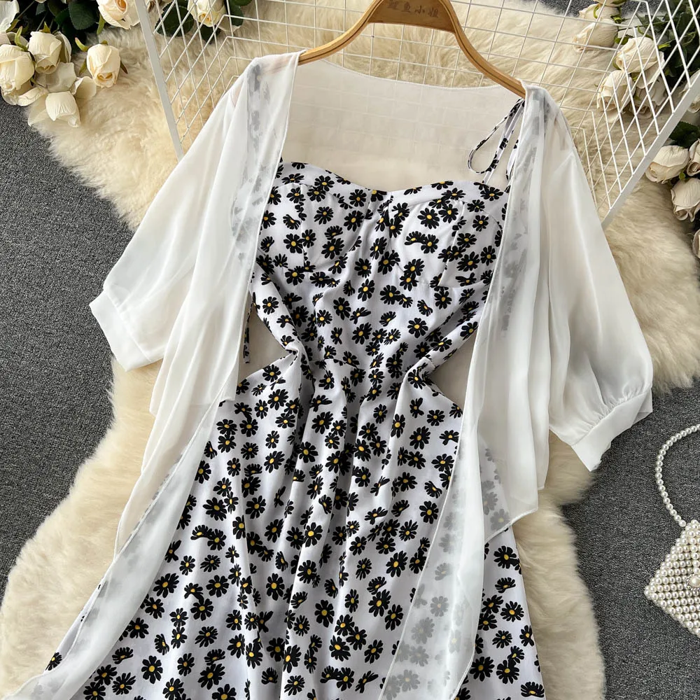SINGREINY Floral Print Two Piece Dress Women Summer 2022 Slim Vacation Fashion Elegant Ladies A Line Beach Midi Dresses