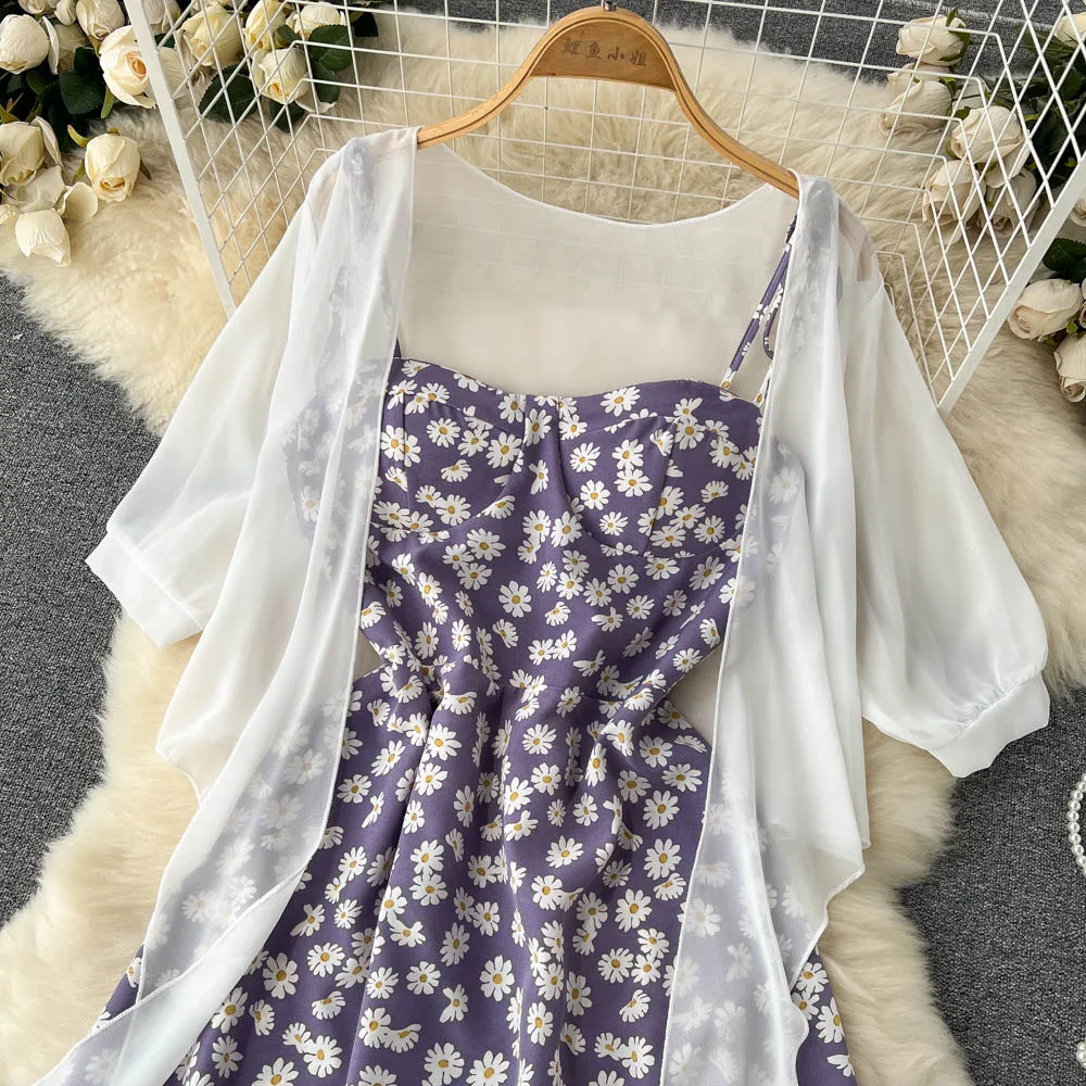 SINGREINY Floral Print Two Piece Dress Women Summer 2022 Slim Vacation Fashion Elegant Ladies A Line Beach Midi Dresses