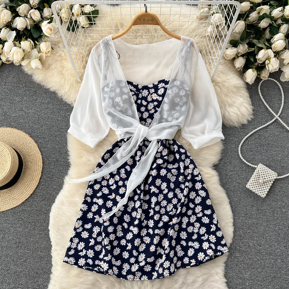 SINGREINY Floral Print Two Piece Dress Women Summer 2022 Slim Vacation Fashion Elegant Ladies A Line Beach Midi Dresses