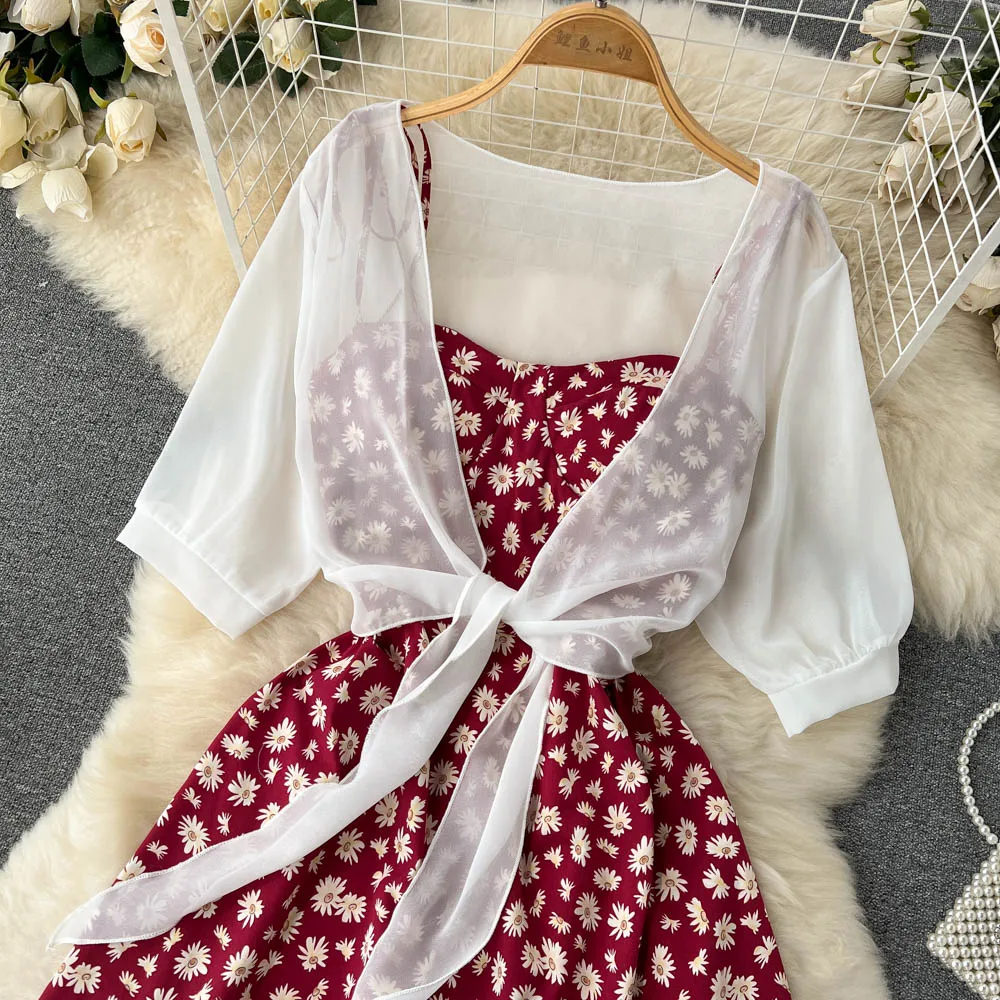 SINGREINY Floral Print Two Piece Dress Women Summer 2022 Slim Vacation Fashion Elegant Ladies A Line Beach Midi Dresses