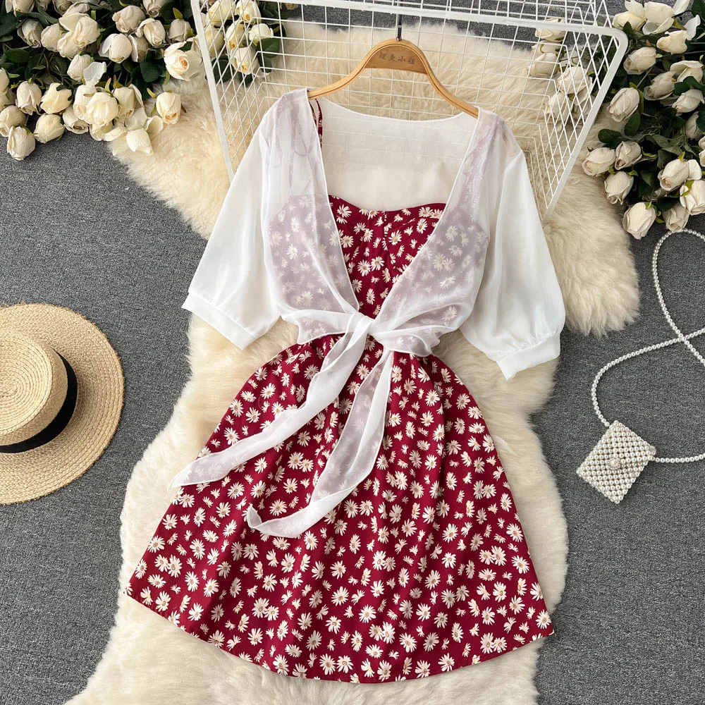 SINGREINY Floral Print Two Piece Dress Women Summer 2022 Slim Vacation Fashion Elegant Ladies A Line Beach Midi Dresses