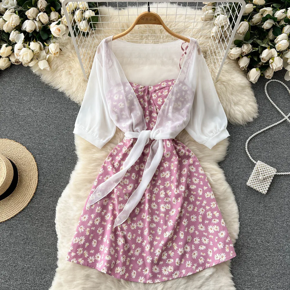 SINGREINY Floral Print Two Piece Dress Women Summer 2022 Slim Vacation Fashion Elegant Ladies A Line Beach Midi Dresses