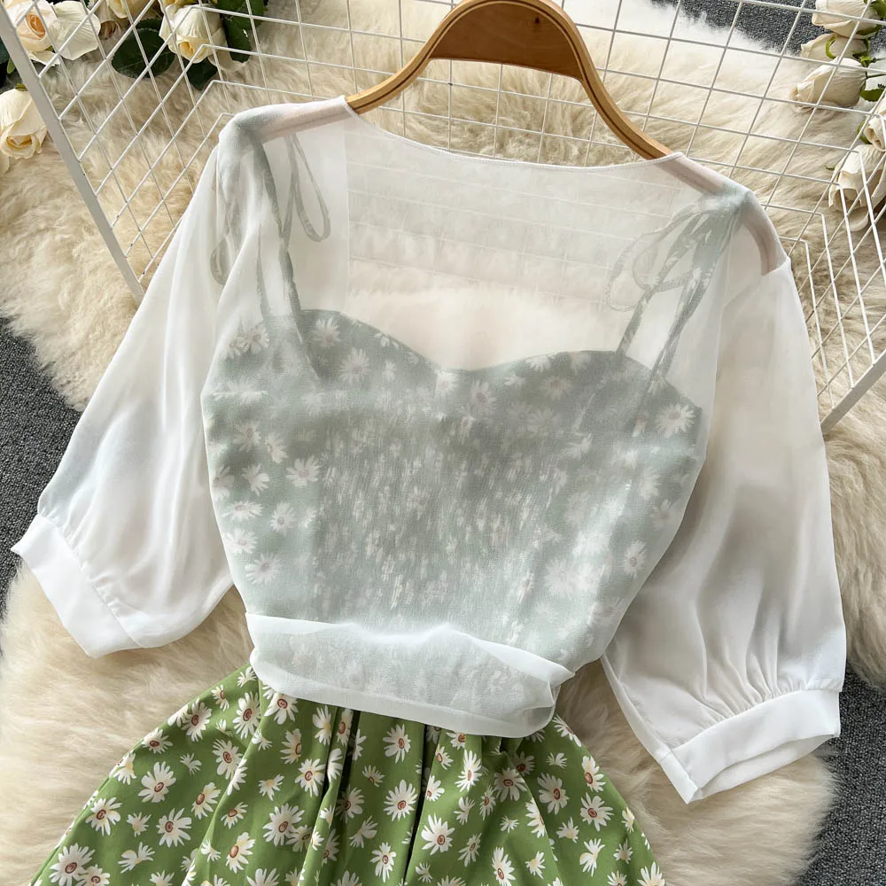 SINGREINY Floral Print Two Piece Dress Women Summer 2022 Slim Vacation Fashion Elegant Ladies A Line Beach Midi Dresses