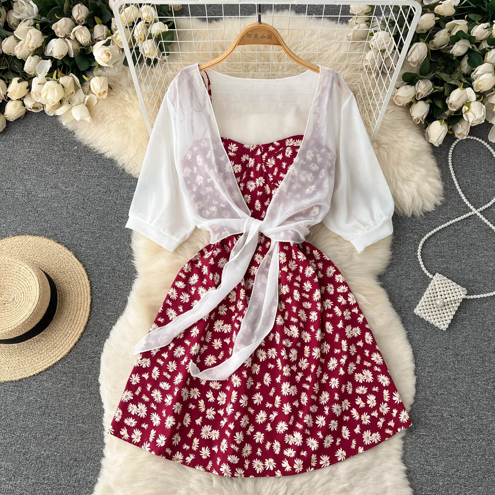 SINGREINY Floral Print Two Piece Dress Women Summer 2022 Slim Vacation Fashion Elegant Ladies A Line Beach Midi Dresses
