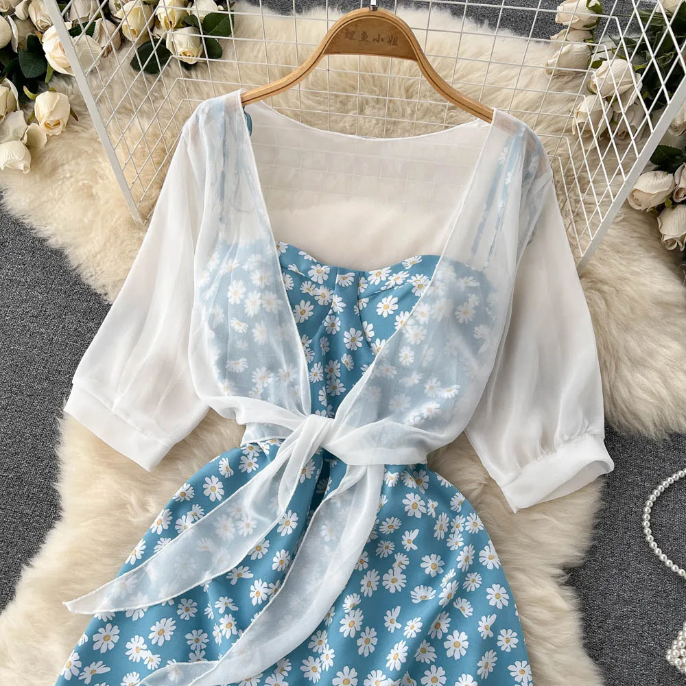 SINGREINY Floral Print Two Piece Dress Women Summer 2022 Slim Vacation Fashion Elegant Ladies A Line Beach Midi Dresses