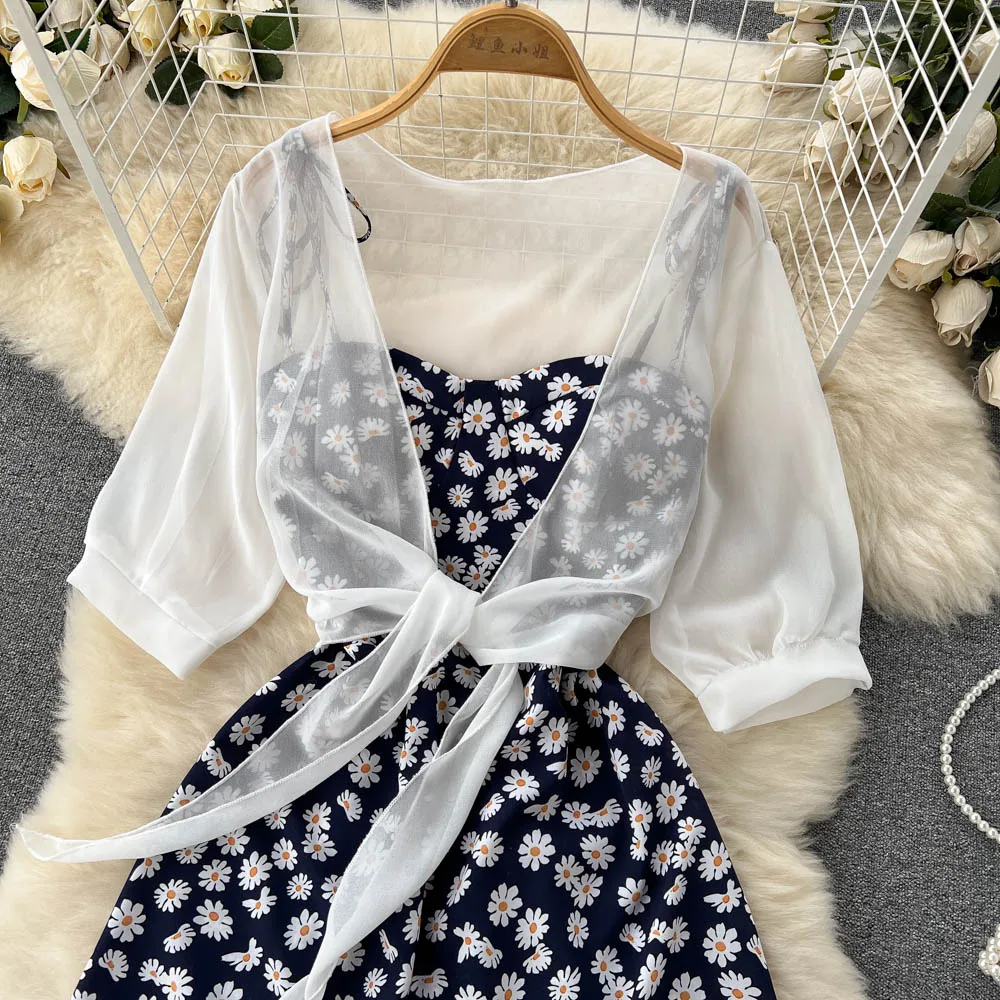SINGREINY Floral Print Two Piece Dress Women Summer 2022 Slim Vacation Fashion Elegant Ladies A Line Beach Midi Dresses