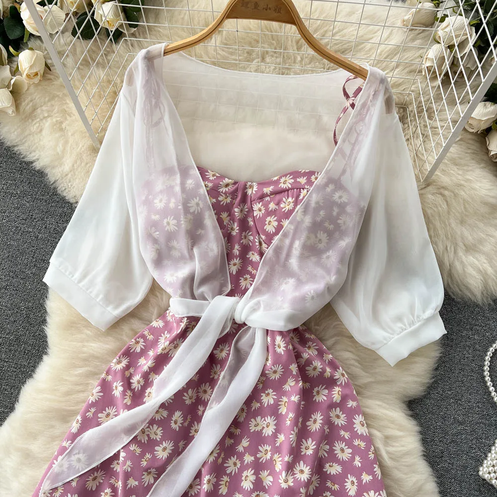 SINGREINY Floral Print Two Piece Dress Women Summer 2022 Slim Vacation Fashion Elegant Ladies A Line Beach Midi Dresses
