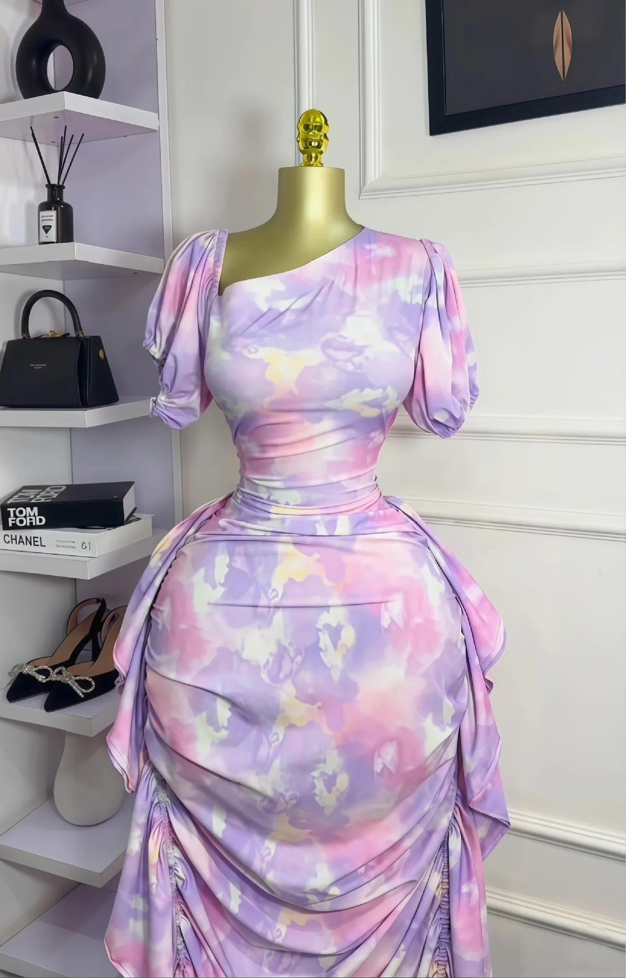 GLCMYAYA Women Tie Dye Printed Skew Neck Ruched Stacked Bodycon Midi Maxi Long Dress 2025 Vacation Holiday Sexy Vestidos Dresses