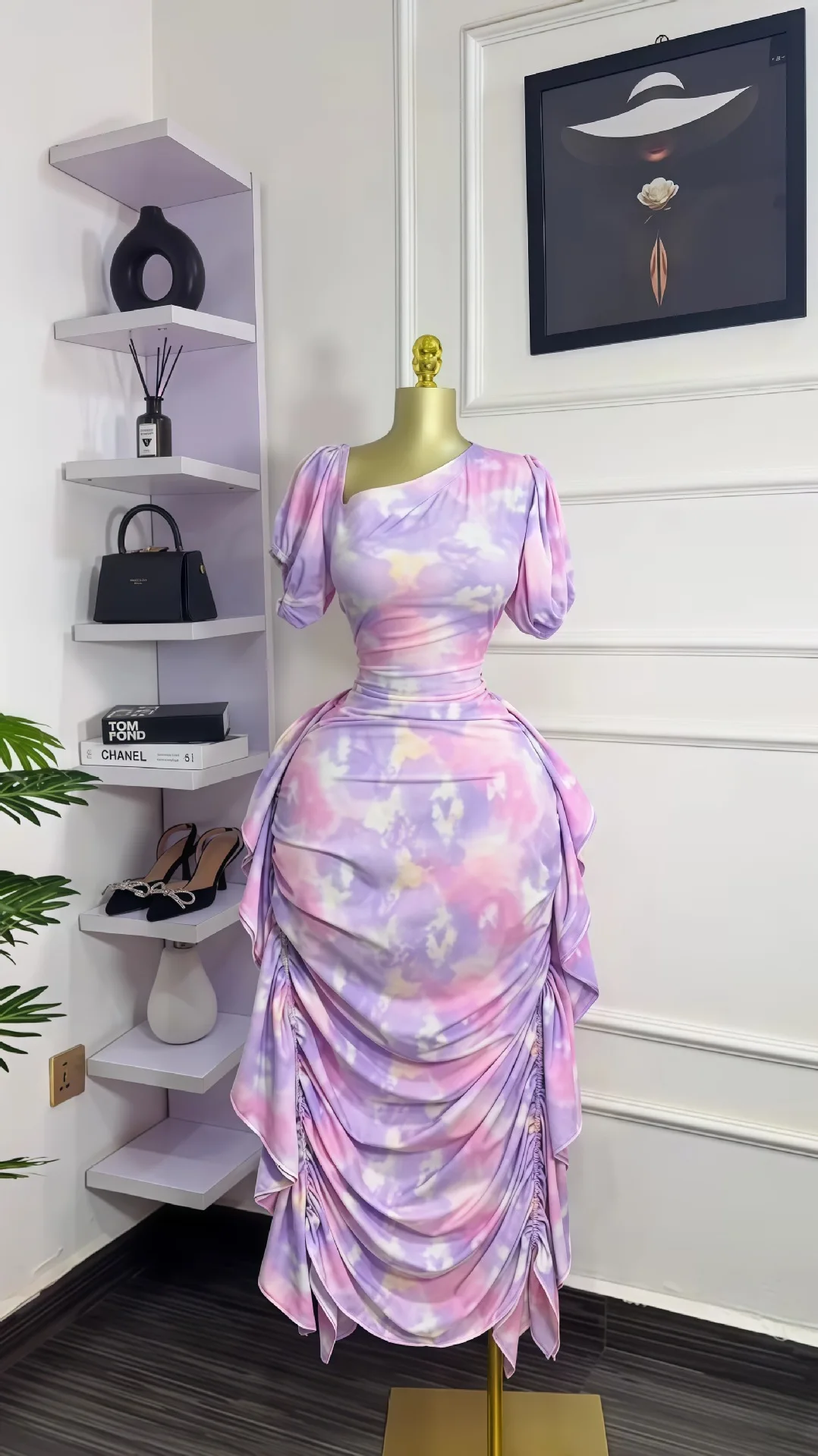 GLCMYAYA Women Tie Dye Printed Skew Neck Ruched Stacked Bodycon Midi Maxi Long Dress 2025 Vacation Holiday Sexy Vestidos Dresses