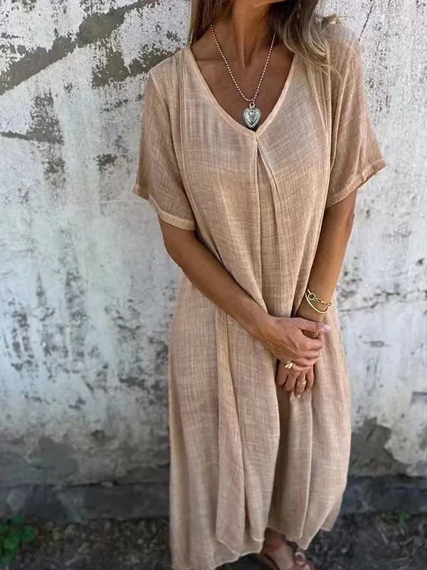 Women's Short-sleeved Cotton and Linen Dress V-neck Loose Large Size Casual Vacation Street Thin Long Skirt