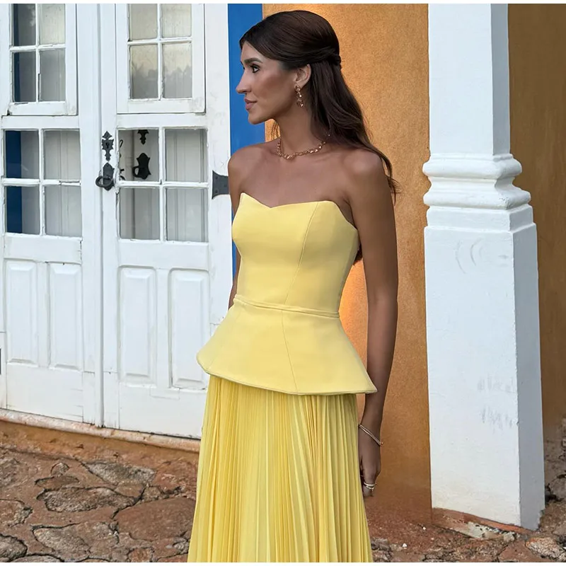 Fashion Yellow Skirts Sets Women's Slim Sleeveless Backless Strapless Tops High Waist Pleated Skirt 2026 Summer Lady Holiday Rob