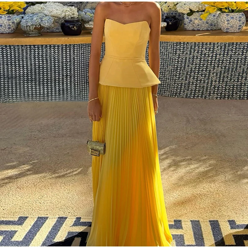 Fashion Yellow Skirts Sets Women's Slim Sleeveless Backless Strapless Tops High Waist Pleated Skirt 2026 Summer Lady Holiday Rob