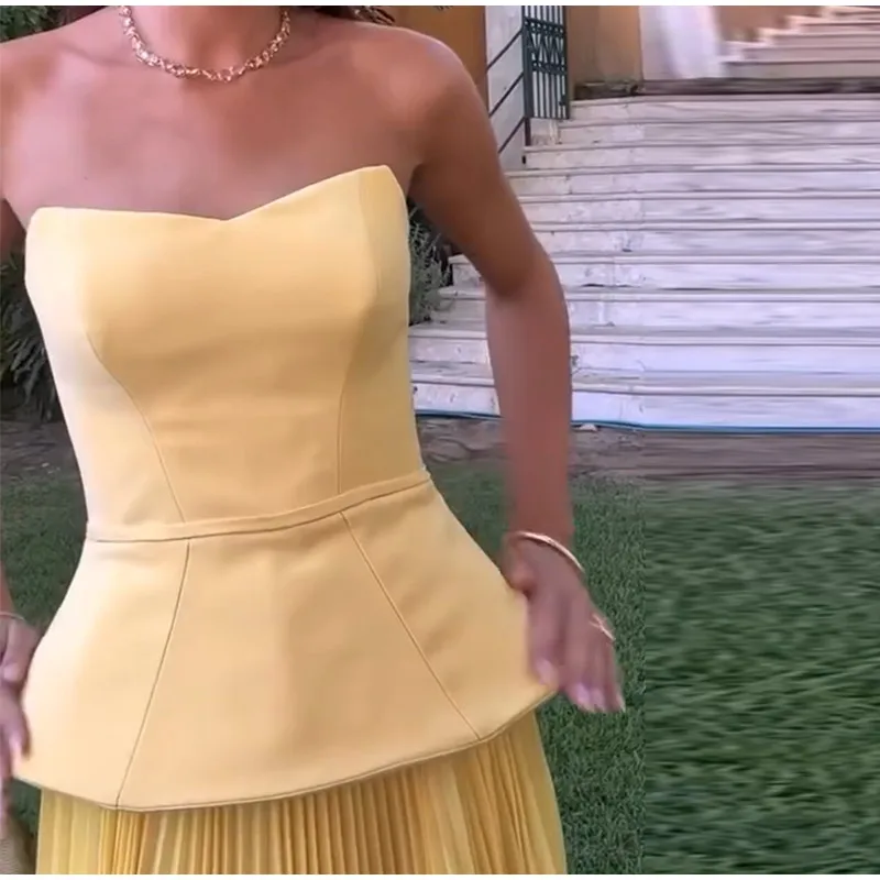 Fashion Yellow Skirts Sets Women's Slim Sleeveless Backless Strapless Tops High Waist Pleated Skirt 2026 Summer Lady Holiday Rob