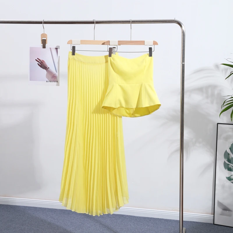 Fashion Yellow Skirts Sets Women's Slim Sleeveless Backless Strapless Tops High Waist Pleated Skirt 2026 Summer Lady Holiday Rob
