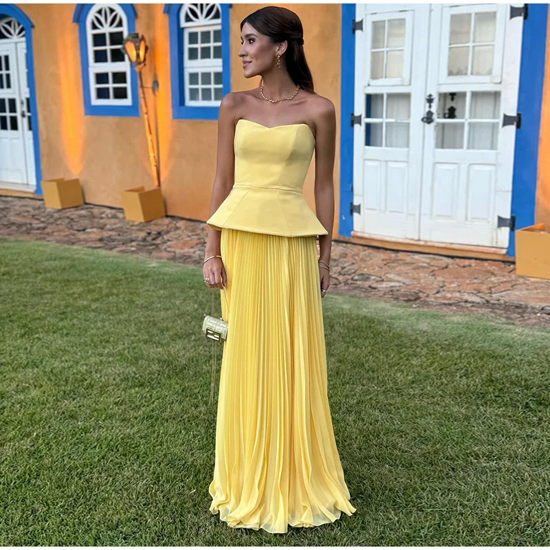 Fashion Yellow Skirts Sets Women's Slim Sleeveless Backless Strapless Tops High Waist Pleated Skirt 2026 Summer Lady Holiday Rob
