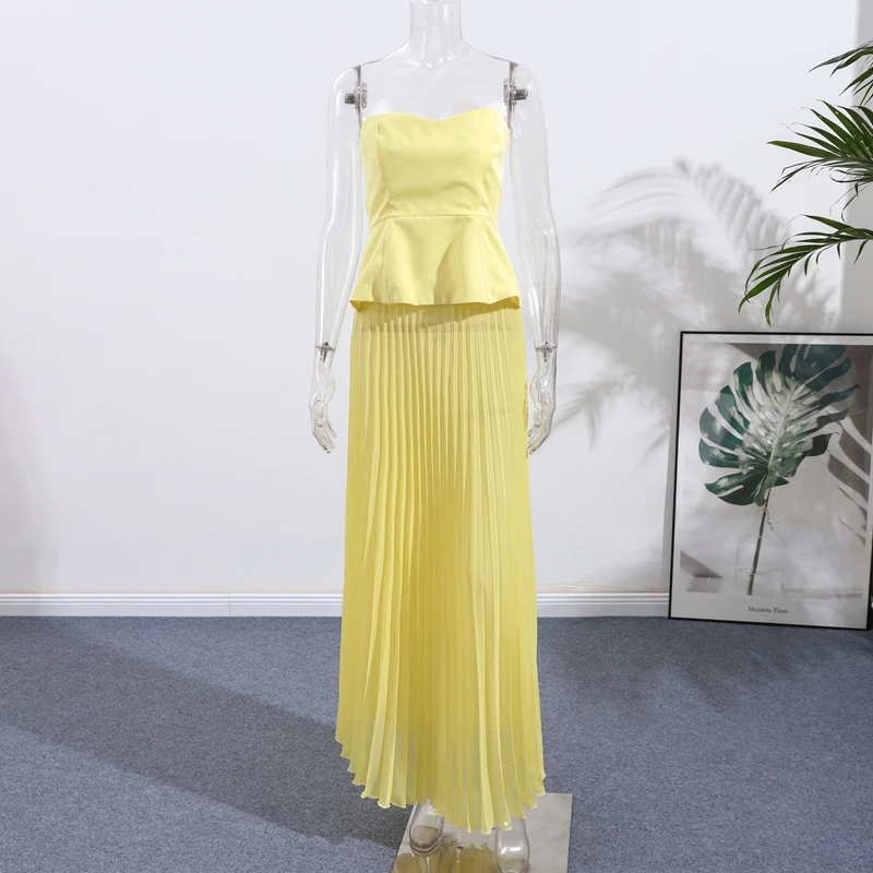 Fashion Yellow Skirts Sets Women's Slim Sleeveless Backless Strapless Tops High Waist Pleated Skirt 2026 Summer Lady Holiday Rob