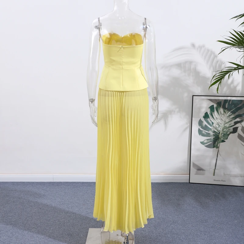 Fashion Yellow Skirts Sets Women's Slim Sleeveless Backless Strapless Tops High Waist Pleated Skirt 2026 Summer Lady Holiday Rob