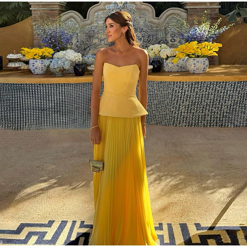 Fashion Yellow Skirts Sets Women's Slim Sleeveless Backless Strapless Tops High Waist Pleated Skirt 2026 Summer Lady Holiday Rob