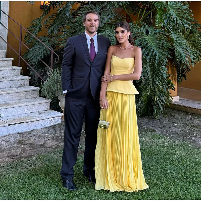 Fashion Yellow Skirts Sets Women's Slim Sleeveless Backless Strapless Tops High Waist Pleated Skirt 2026 Summer Lady Holiday Rob