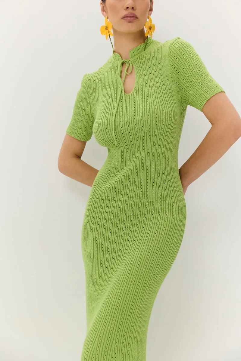 New Knitted Short Sleeve Long Length Waist Bodycon Fishtail Dress Female Hollow Out Lace Up Ribbed Patchwork Elegant Dresses