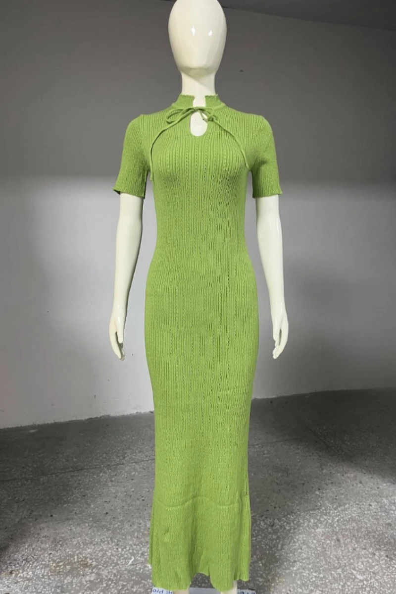 New Knitted Short Sleeve Long Length Waist Bodycon Fishtail Dress Female Hollow Out Lace Up Ribbed Patchwork Elegant Dresses