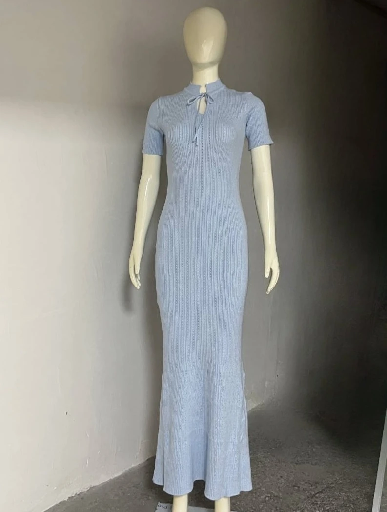 New Knitted Short Sleeve Long Length Waist Bodycon Fishtail Dress Female Hollow Out Lace Up Ribbed Patchwork Elegant Dresses
