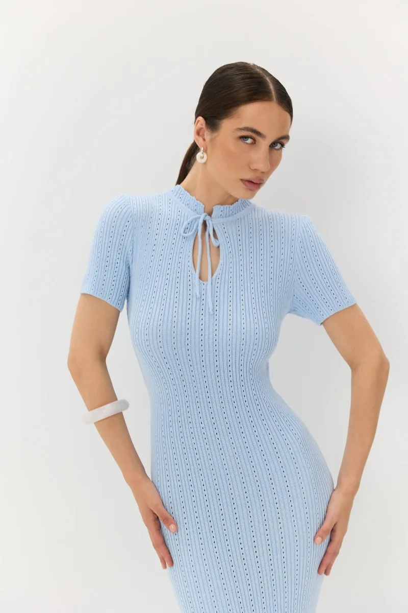 New Knitted Short Sleeve Long Length Waist Bodycon Fishtail Dress Female Hollow Out Lace Up Ribbed Patchwork Elegant Dresses