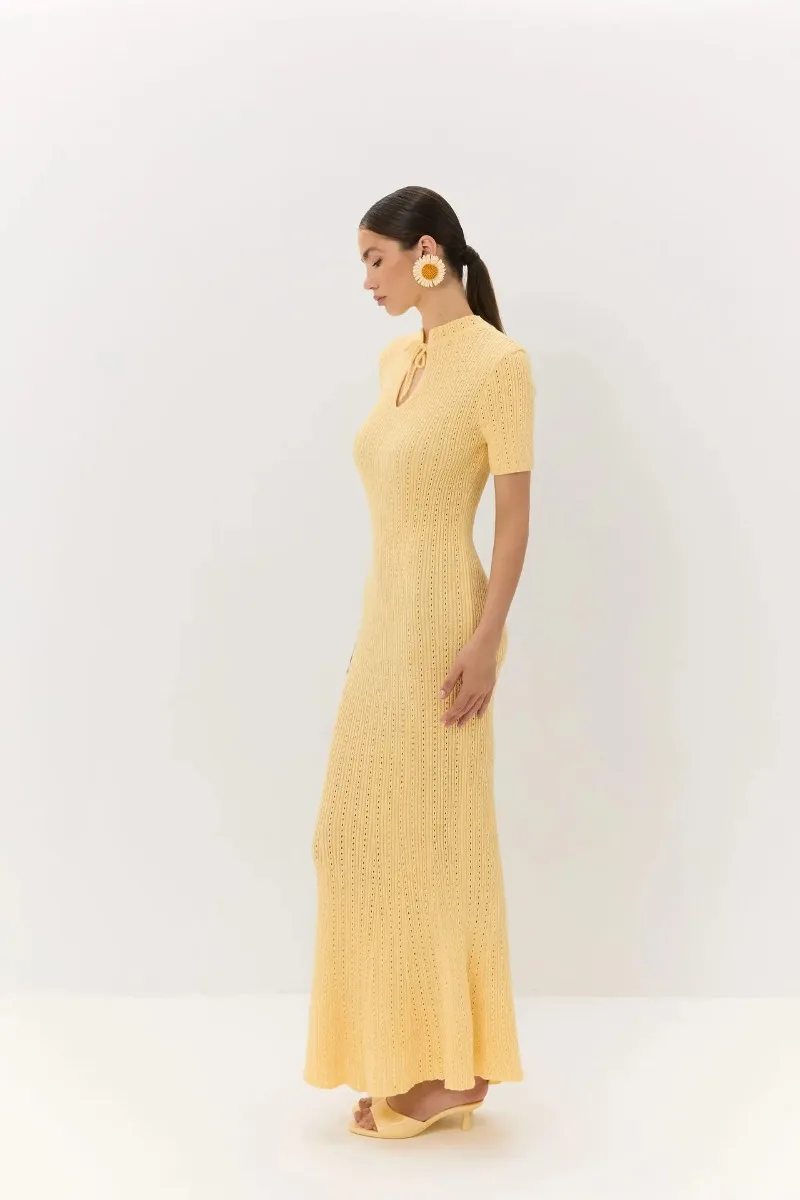 New Knitted Short Sleeve Long Length Waist Bodycon Fishtail Dress Female Hollow Out Lace Up Ribbed Patchwork Elegant Dresses