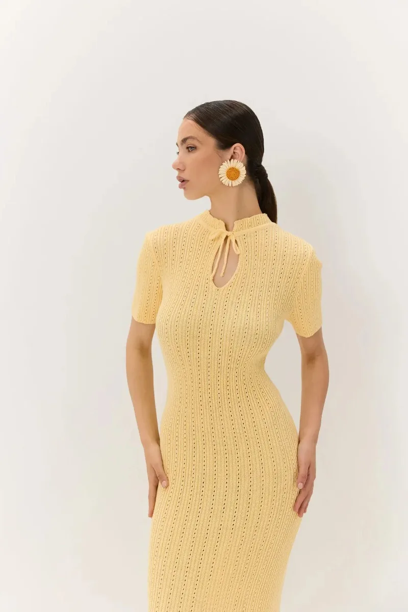 New Knitted Short Sleeve Long Length Waist Bodycon Fishtail Dress Female Hollow Out Lace Up Ribbed Patchwork Elegant Dresses