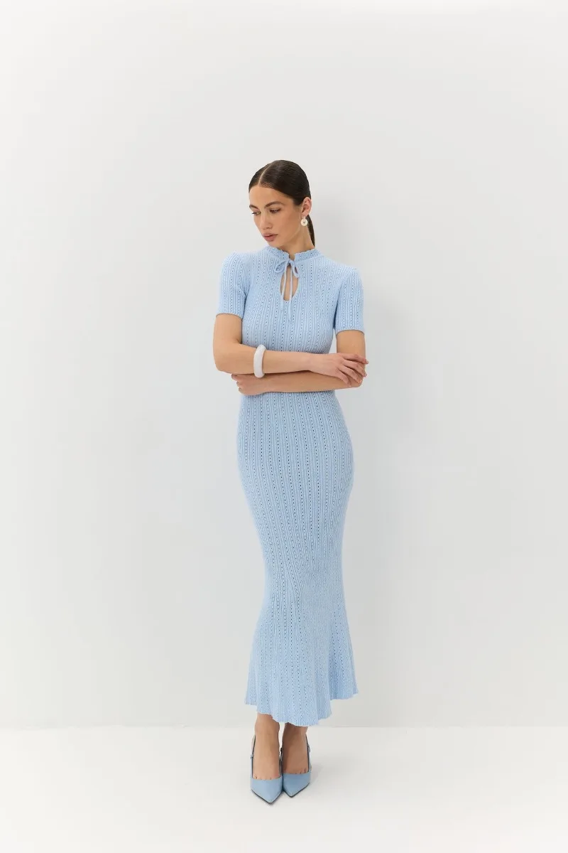 New Knitted Short Sleeve Long Length Waist Bodycon Fishtail Dress Female Hollow Out Lace Up Ribbed Patchwork Elegant Dresses