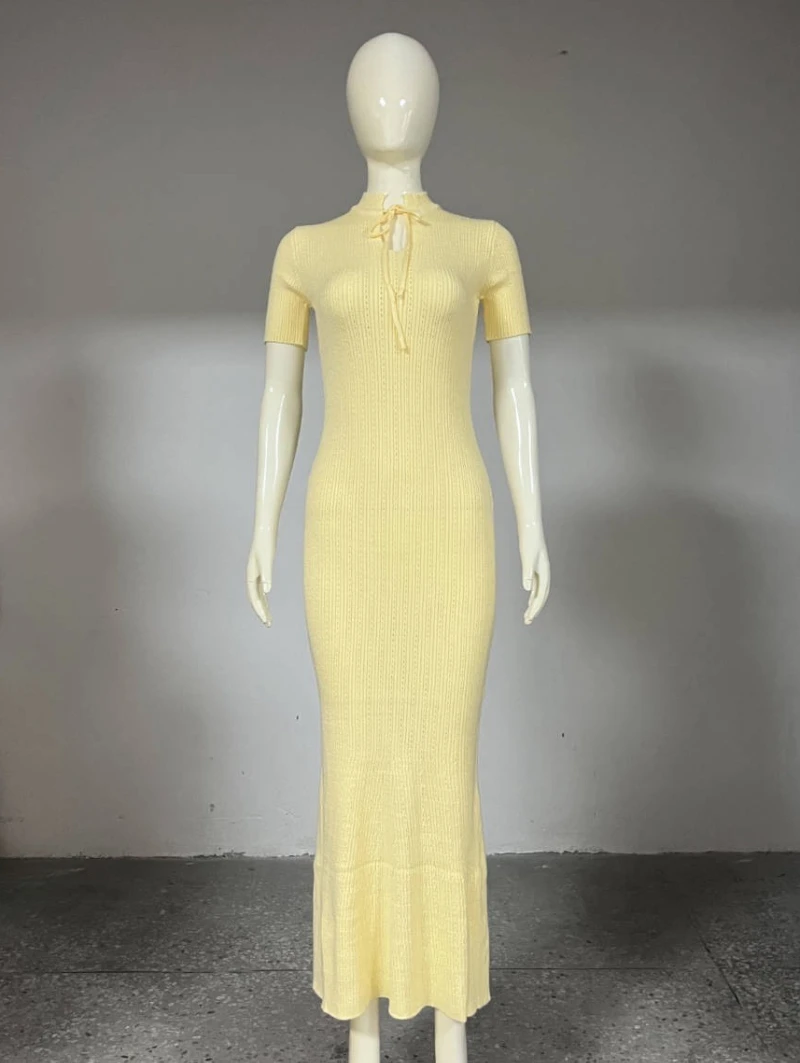 New Knitted Short Sleeve Long Length Waist Bodycon Fishtail Dress Female Hollow Out Lace Up Ribbed Patchwork Elegant Dresses