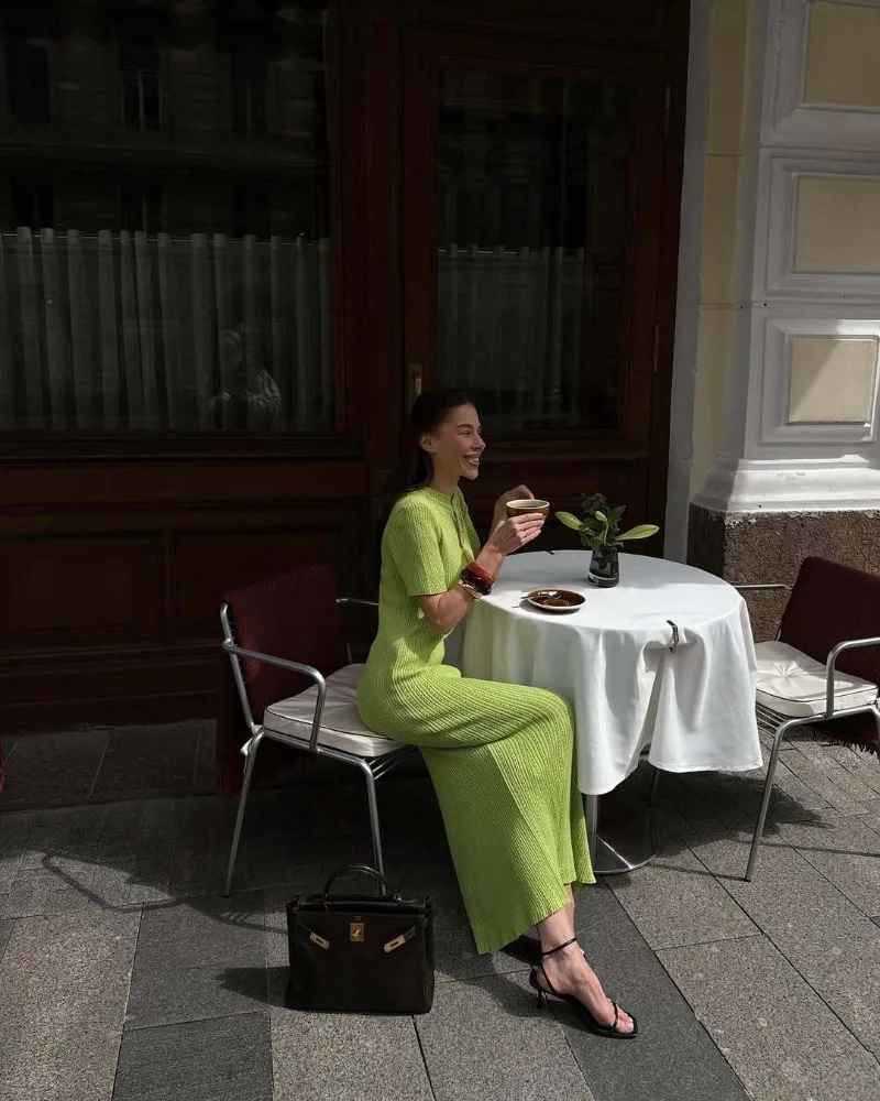 New Knitted Short Sleeve Long Length Waist Bodycon Fishtail Dress Female Hollow Out Lace Up Ribbed Patchwork Elegant Dresses