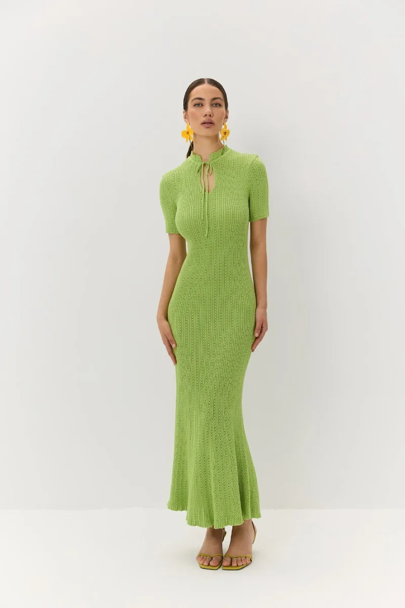New Knitted Short Sleeve Long Length Waist Bodycon Fishtail Dress Female Hollow Out Lace Up Ribbed Patchwork Elegant Dresses