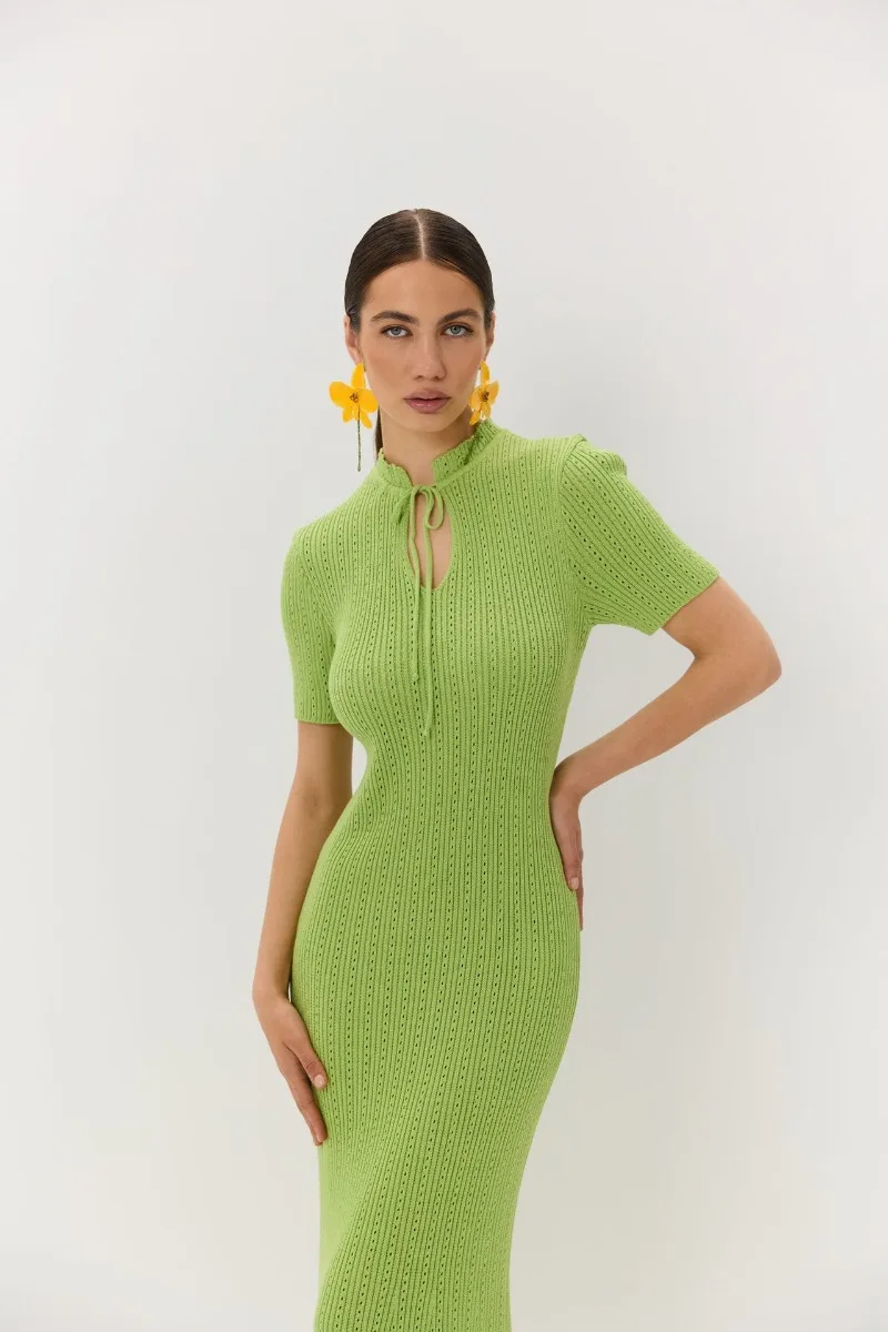 New Knitted Short Sleeve Long Length Waist Bodycon Fishtail Dress Female Hollow Out Lace Up Ribbed Patchwork Elegant Dresses