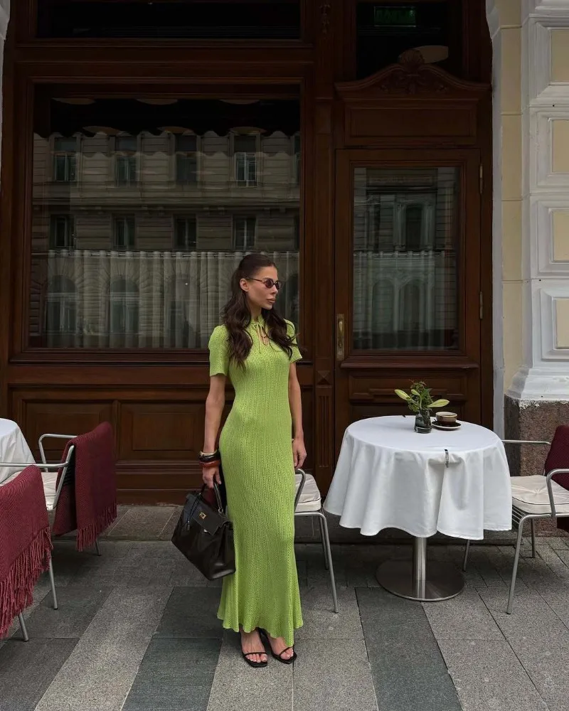 New Knitted Short Sleeve Long Length Waist Bodycon Fishtail Dress Female Hollow Out Lace Up Ribbed Patchwork Elegant Dresses