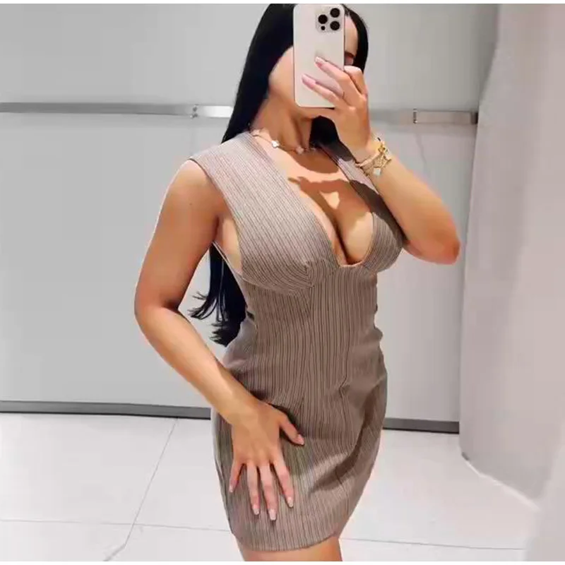 Casual Stripe Sleeveless Mini Dresses Women's Slim Waist-cinching V-neck Dress 2026 New Ladies Spring Summer Solid Outwear